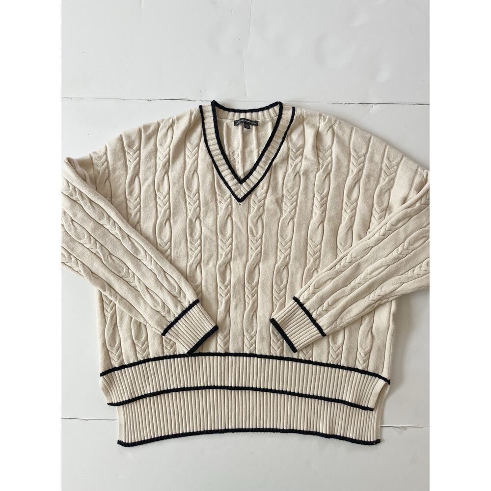 Adrianna Papell Sweater Women XL White CreanCable Knit V Neck Preppy Trim Ribbed